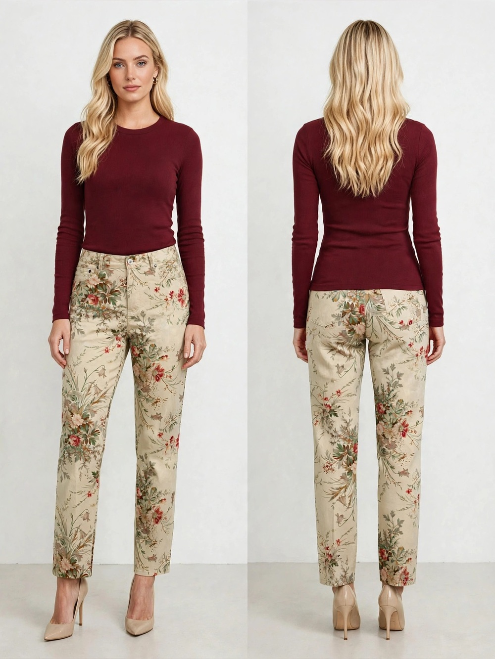 Ralph Lauren Beige Floral Straight-Leg Pants